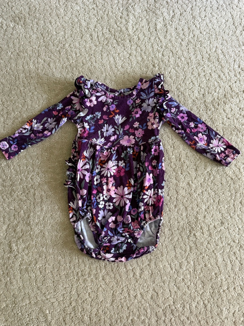 Purple Floral Long-Sleeve Ruffle Baby Romper